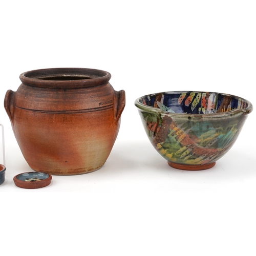 335 - Studio ceramics including bowl, Muchelney storage jar, three bridges abstract vase, naturalistic pot... 