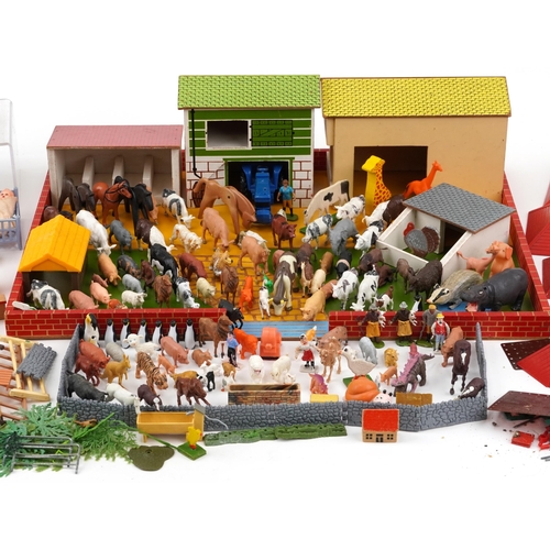 632 - Large collection of vintage model farmyard animals and accessories including Britains a Tri-ang cran... 