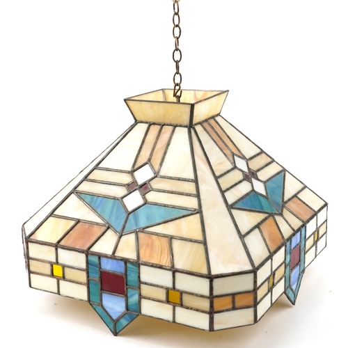 1090 - Large Tiffany design leaded glass hanging light pennant, 38cm H x 46cm W x 46cm D