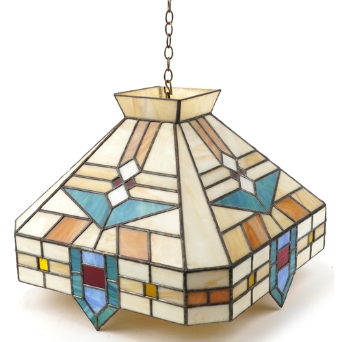 1090 - Large Tiffany design leaded glass hanging light pennant, 38cm H x 46cm W x 46cm D