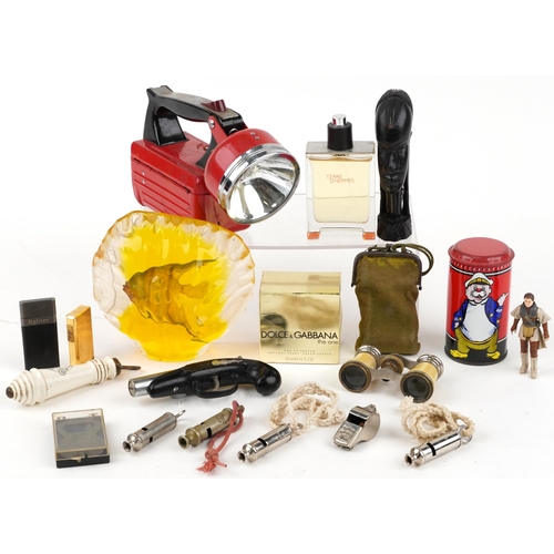 1172 - Sundry items including Dulce & Gabbana and Hermes perfumes, lighters, opera glasses and a Lucite fis... 