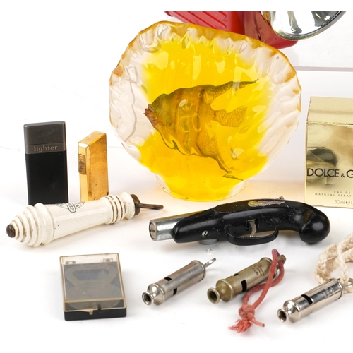 1172 - Sundry items including Dulce & Gabbana and Hermes perfumes, lighters, opera glasses and a Lucite fis... 