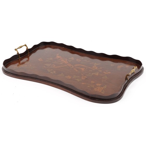 139 - Victorian mahogany butler's gallery tray with brass handles having painted design with trumpet, torc... 