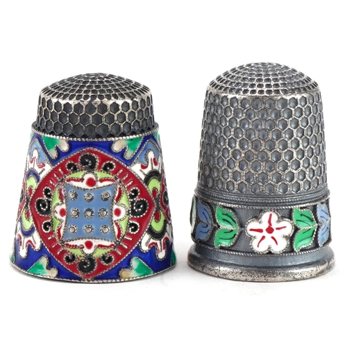 2440 - Two silver and enamel thimbles, each with impressed Russian marks, the largest 2.3cm high, total 19.... 