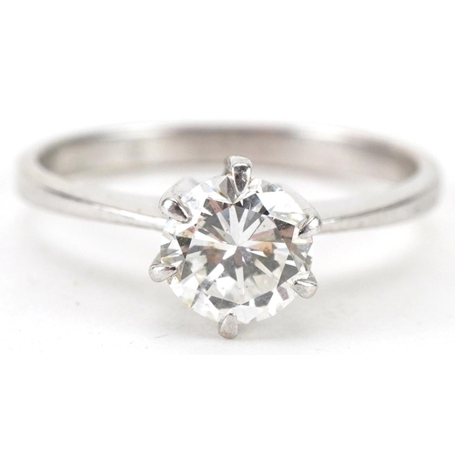 Unmarked white gold diamond solitaire ring, the diamond approximately 0.85 carat, size N, 2.5g