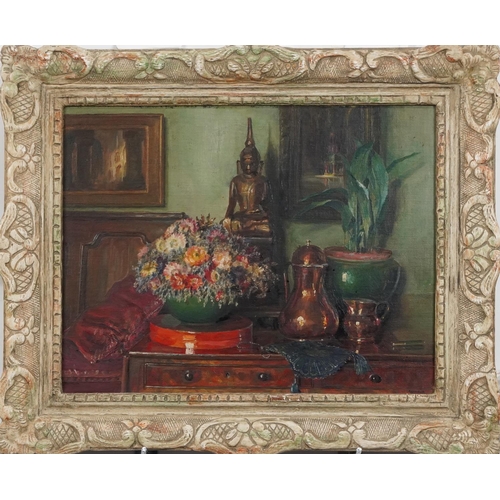 324 - C M Wood - Chinese Buddha and flowers on a sideboard, oil on board, contemporary framed, James Bourl... 