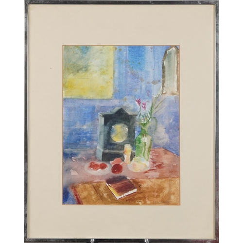 534 - D Edmonds'90 - Still life mantle clock, flowers and fruit on a table, watercolour, contemporary moun... 