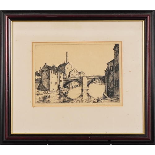 1037 - Vera Simpson 1937 - Riverside, factories and people fishing, pencil signed black and white etching m... 