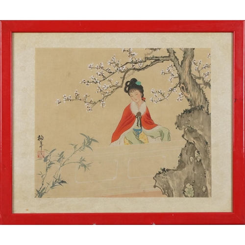 359 - Chinese watercolour onto silk of a Lady wearing a red gown before a tree with white blossom, red sea... 