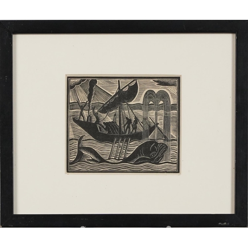 157 - David Jones - Whaling, wood engraving, mounted, framed and glazed, 12cm x 10cm