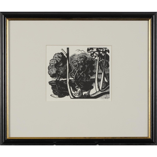 382 - John Nash - The Fisherman, wood engraving, mounted, framed and glazed, 14cm x 12cm