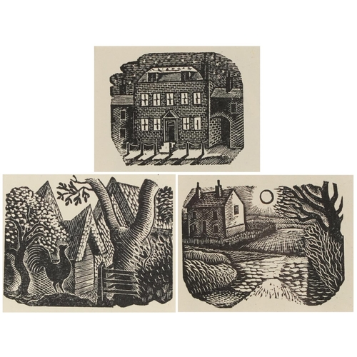 1119 - Eric Ravilious - House, wood cut, Cockerel wood engraving and House and Sunrise wood engraving, each... 