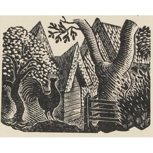 1119 - Eric Ravilious - House, wood cut, Cockerel wood engraving and House and Sunrise wood engraving, each... 