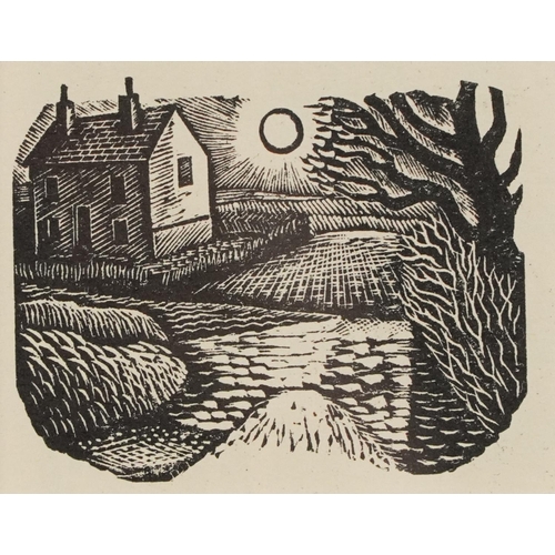 1119 - Eric Ravilious - House, wood cut, Cockerel wood engraving and House and Sunrise wood engraving, each... 