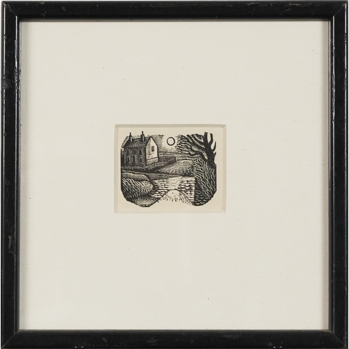 1119 - Eric Ravilious - House, wood cut, Cockerel wood engraving and House and Sunrise wood engraving, each... 