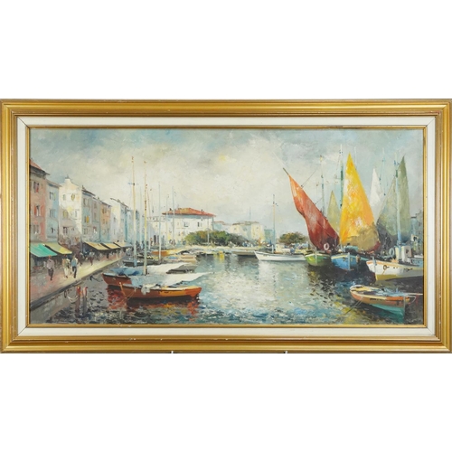 59 - Continental Harbour with boardwalk and boats, oil on canvas, indistinctly signed, contemporary frame... 
