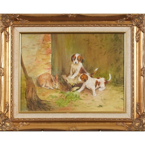 270 - S Cross - Puppies with rabbit, watercolour, mounted and framed, 39cm x 29cm