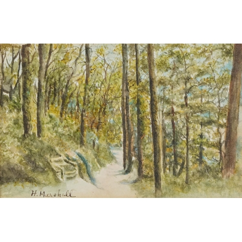 273 - H Marshall - Three miniature watercolours of landscapes including wooded glades and cove, mounted an... 