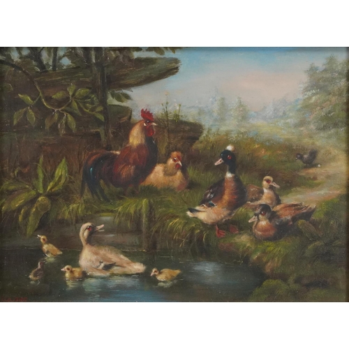 1302 - Ducks and chickens at a pond, oil on board, gilt framed, 32.5cm x 26cm