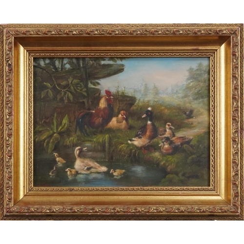 1302 - Ducks and chickens at a pond, oil on board, gilt framed, 32.5cm x 26cm