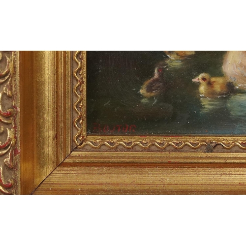 1302 - Ducks and chickens at a pond, oil on board, gilt framed, 32.5cm x 26cm