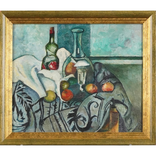 1120 - Manner of Marcel Dyf - Still life fruit and objects on a table, oil on board, framed and glazed, 32c... 