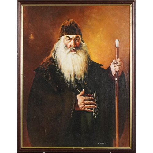 274 - R Scobie - Bearded gentleman holding a walking stick, oil on board, framed, 51cm x 40cm