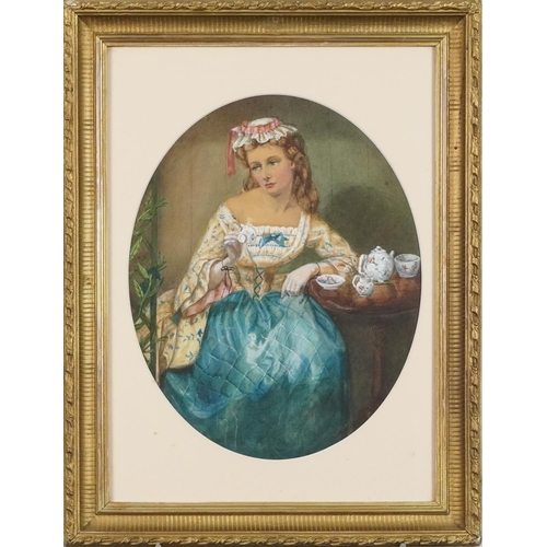 375 - Young lady drinking tea at a table, 19th century watercolour, framed and glazed, 49cm x 37.5cm