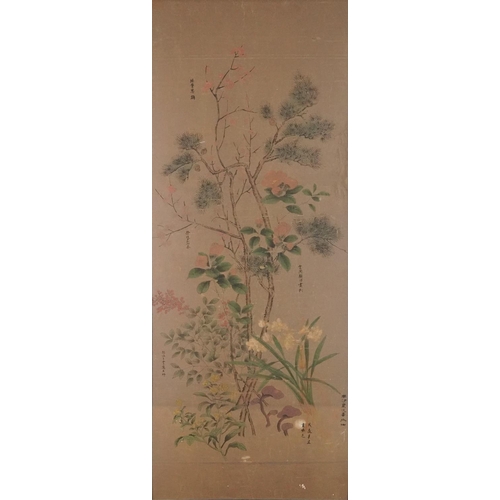 1417A - Flowers before trees, Chinese ink and watercolour with various calligraphy, framed, 135cm x 57.5cm e... 