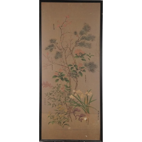 1417A - Flowers before trees, Chinese ink and watercolour with various calligraphy, framed, 135cm x 57.5cm e... 