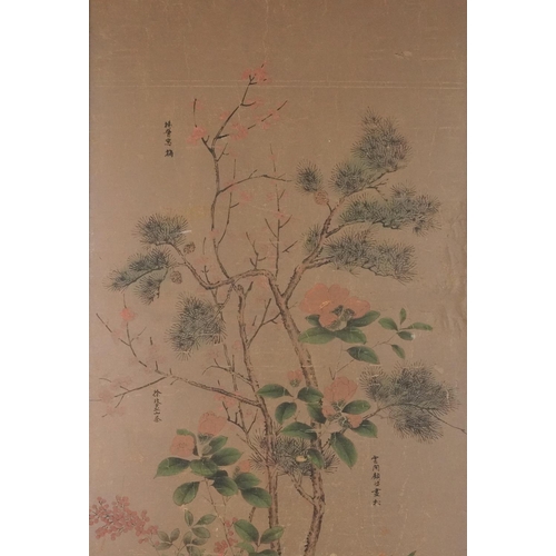 1417A - Flowers before trees, Chinese ink and watercolour with various calligraphy, framed, 135cm x 57.5cm e... 