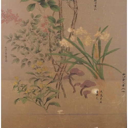 1417A - Flowers before trees, Chinese ink and watercolour with various calligraphy, framed, 135cm x 57.5cm e... 