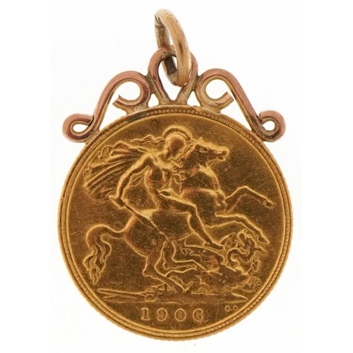 1217 - 1906 Edward VII gold half sovereign with unmarked gold pendant mount, 4.6g