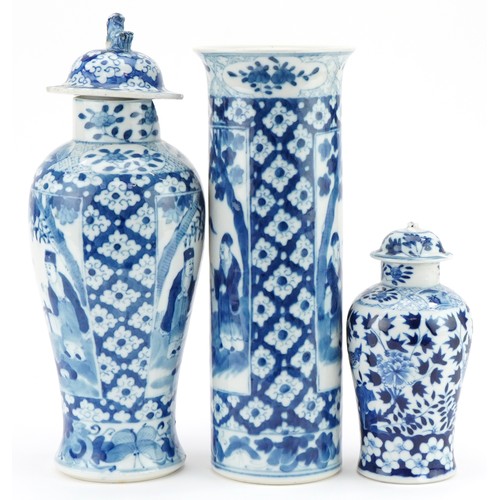 173 - Chinese porcelain spill vase hand painted with elders together with two similar jars and covers, one... 