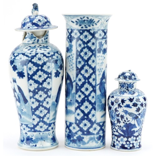 173 - Chinese porcelain spill vase hand painted with elders together with two similar jars and covers, one... 