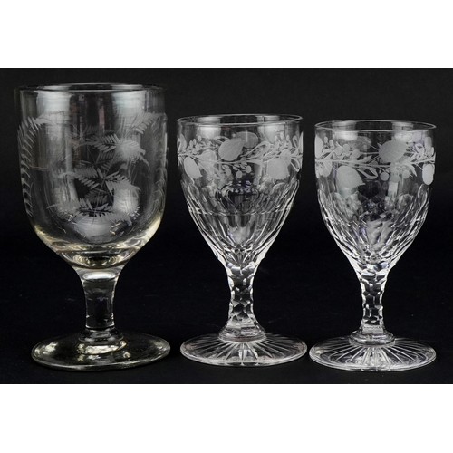 209 - Victorian fern design wine glass together with two vine design glasses with star cut bases, the larg... 