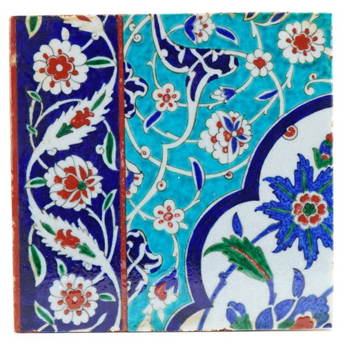 118 - Ottoman Turkish Iznik pottery tile hand painted with flowers, 28cm x 28cm