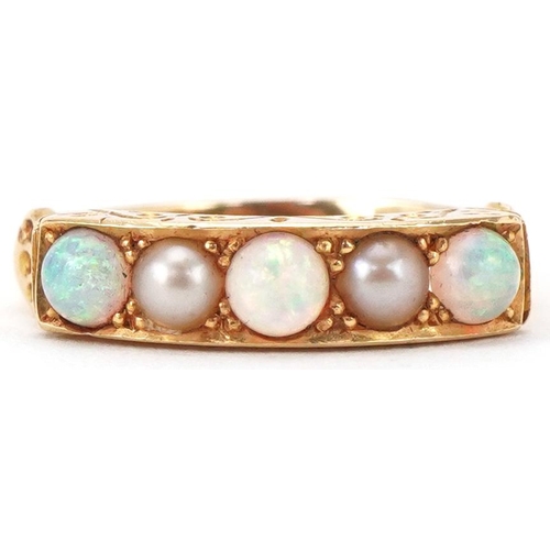 18ct gold cabochon opal and pearl ring with engraved setting, size L, 3.1g