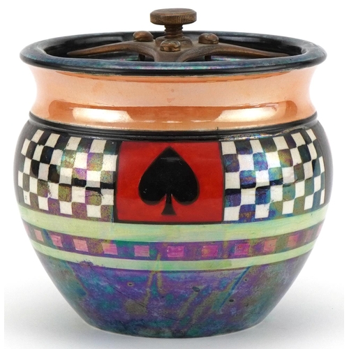 263 - Art Deco lustre pottery tobacco jar and cover decorated with suits of playing cards, 12cm high