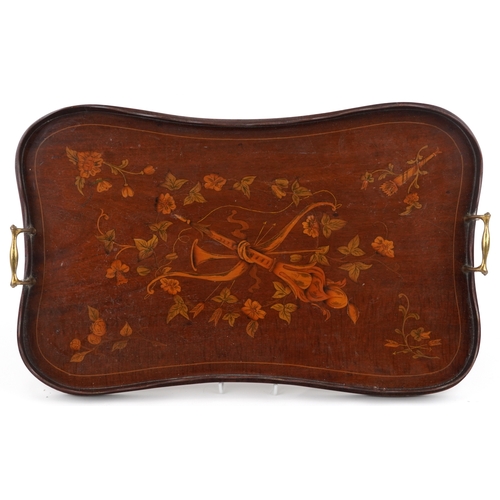 139 - Victorian mahogany butler's gallery tray with brass handles having painted design with trumpet, torc... 