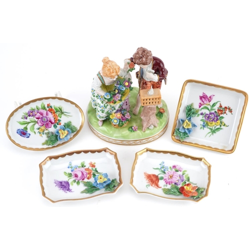 199 - Dresden, German porcelain including a summer figure group of a young boy and girl holding flowers fr... 