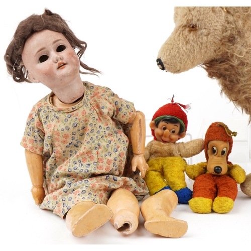 633 - Vintage and later toys including Schoenau & Hoffmeister bisque headed doll with jointed limbs and a ... 