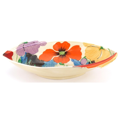 2 - Clarice Cliff Delicia pattern shaped bowl hand painted with colourful flowers, 32cm in diameter