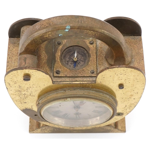 89 - Novelty brass clock in the form of a padlock with compass top, silvered dial and French movement, 20... 