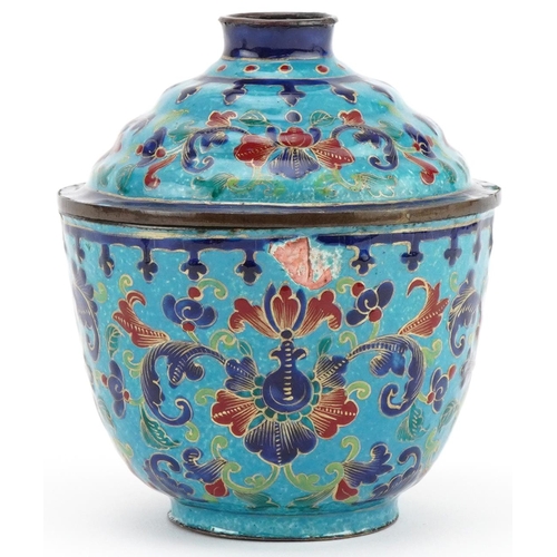 433 - Chinese cloisonne chocolate pot and cover decorated with flowers, 12cm high