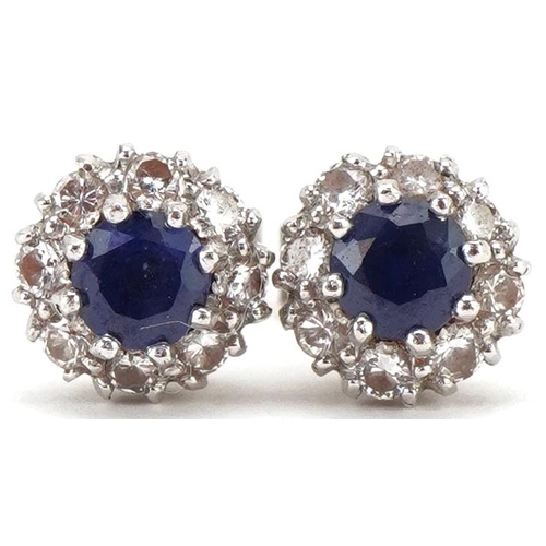 Pair of 18ct white gold sapphire and diamond cluster stud earrings, each 6.80mm in diameter, total 2.2g