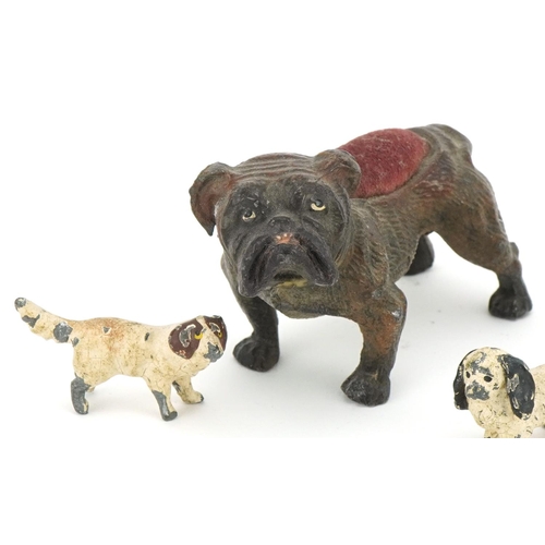 298 - Cold painted spelter Bulldog pin cushion, Red Setter, King Charles and a Terrier, the largest 15cm