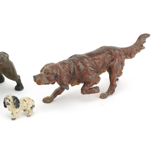 298 - Cold painted spelter Bulldog pin cushion, Red Setter, King Charles and a Terrier, the largest 15cm