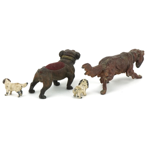 298 - Cold painted spelter Bulldog pin cushion, Red Setter, King Charles and a Terrier, the largest 15cm