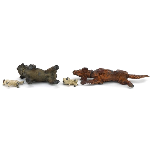 298 - Cold painted spelter Bulldog pin cushion, Red Setter, King Charles and a Terrier, the largest 15cm